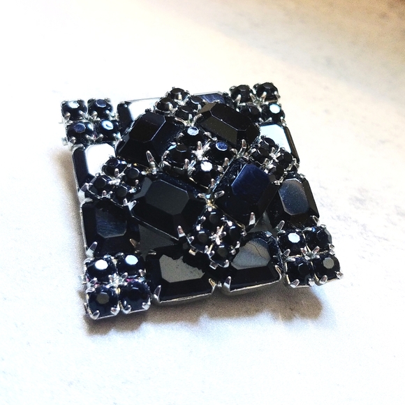 Stunning Vintage Weiss Black Rhinestone Rhodium Brooch Pin Xlnt - Picture 5 of 12